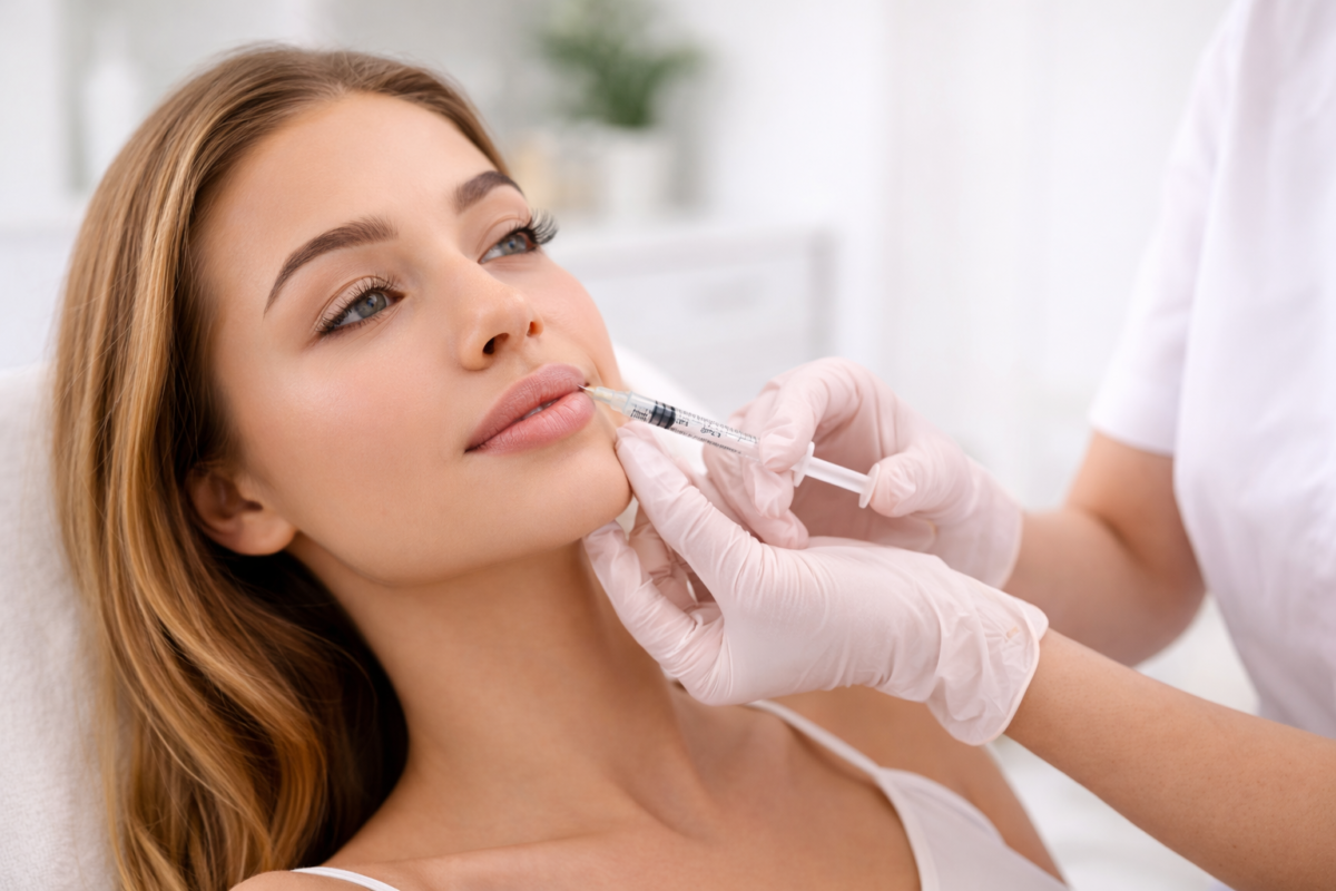 Young woman receiving dermal filler treatment in a professional aesthetic clinic in Malta for natural facial enhancement